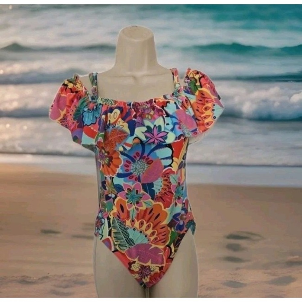 Bleu Rod Beattie Women's 6 Beach Resort One‎ Piece Swimsuit Retro Floral Ruffle